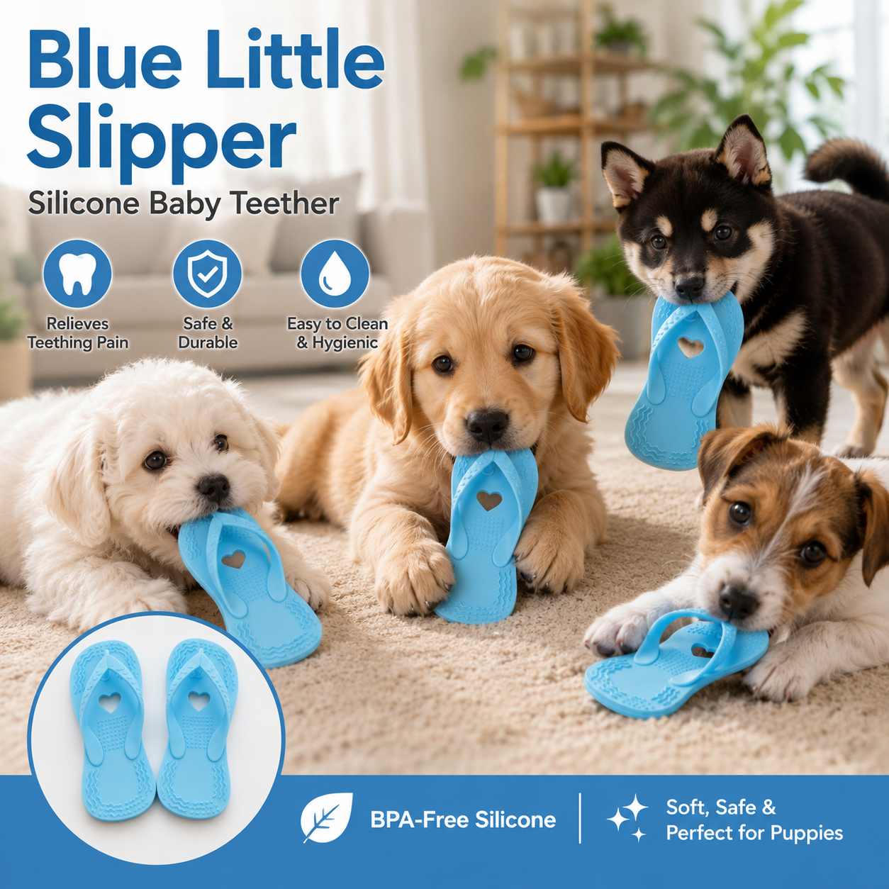 Blue Slipper Shaped Rubber Interactive Chew Toy for Puppies