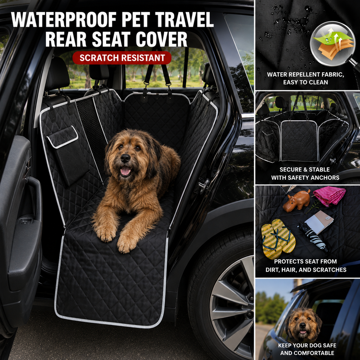 Waterproof Pet Travel Rear Seat Cover Scratch Resistant Oxford Protector Mat - Black