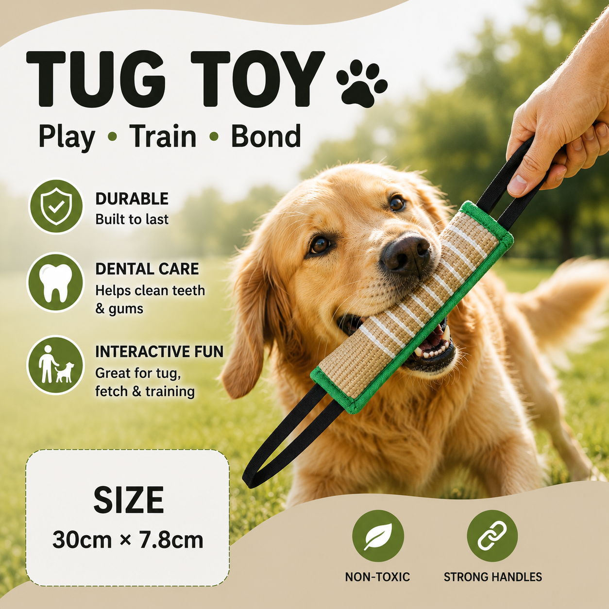 Jute Dog Tug Toy with Dual Handles for Tug and Fetch Games - Green