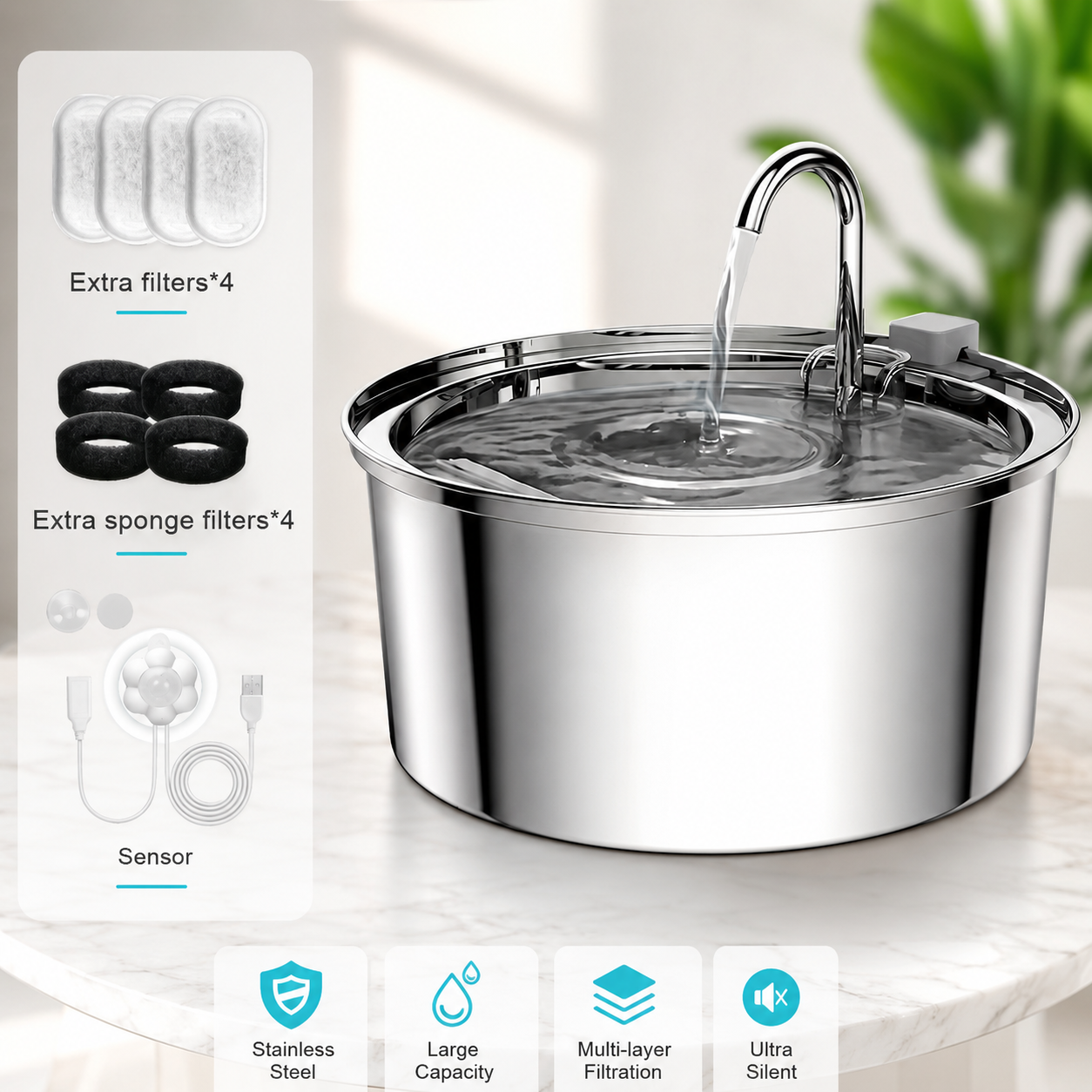 Automatic Stainless Steel Pet Water Dispenser 3L USB Powered Water Fountain for Pets - Premium Version