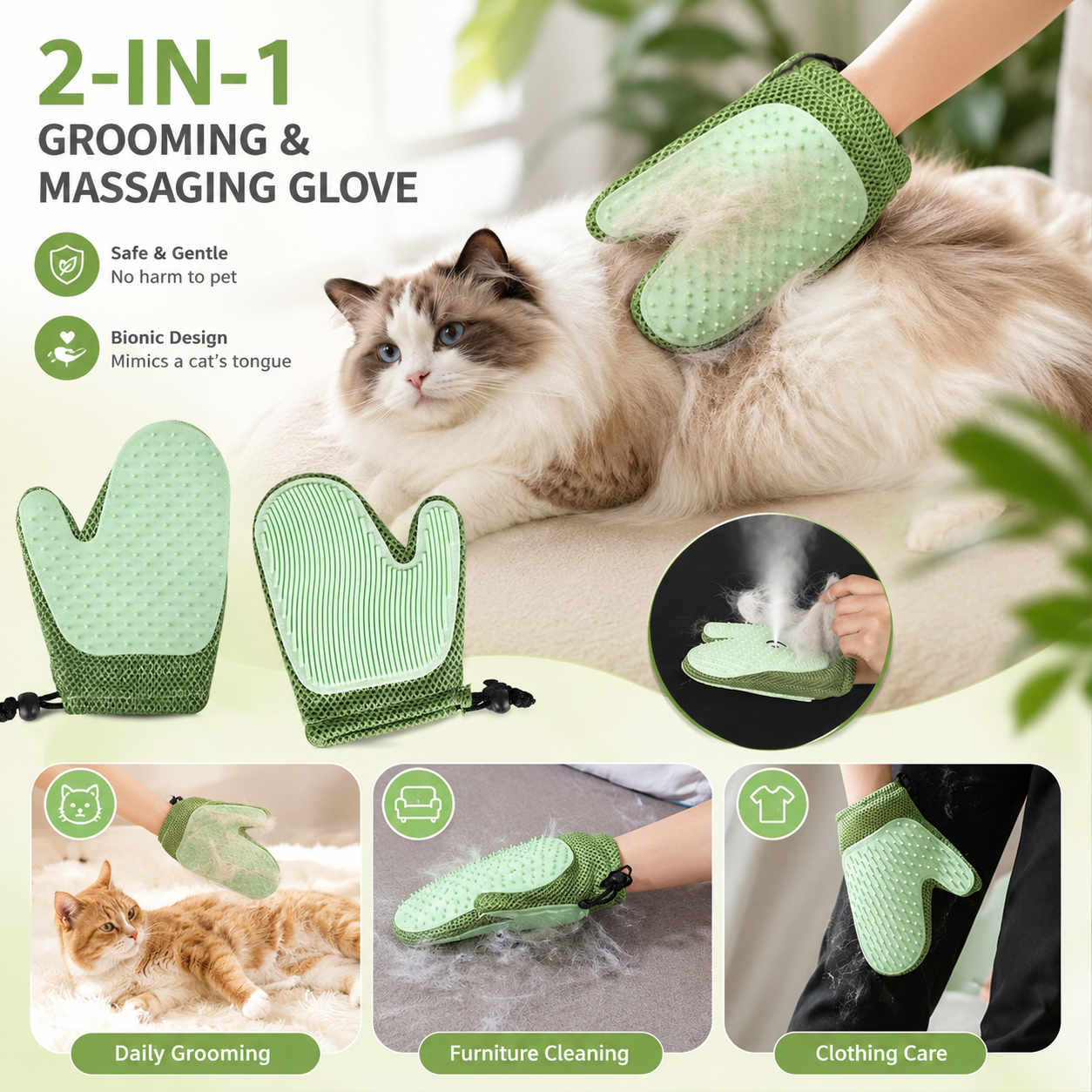 Pet Grooming Glove Double Sided Hair Remover and Massage Brush for Dogs and Cats - Green