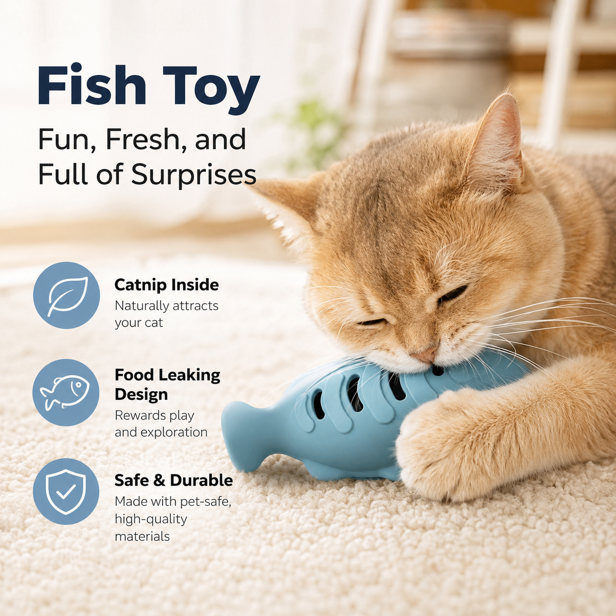Blue Fish Treat Dispensing Silicone Interactive Food Toy for Cats