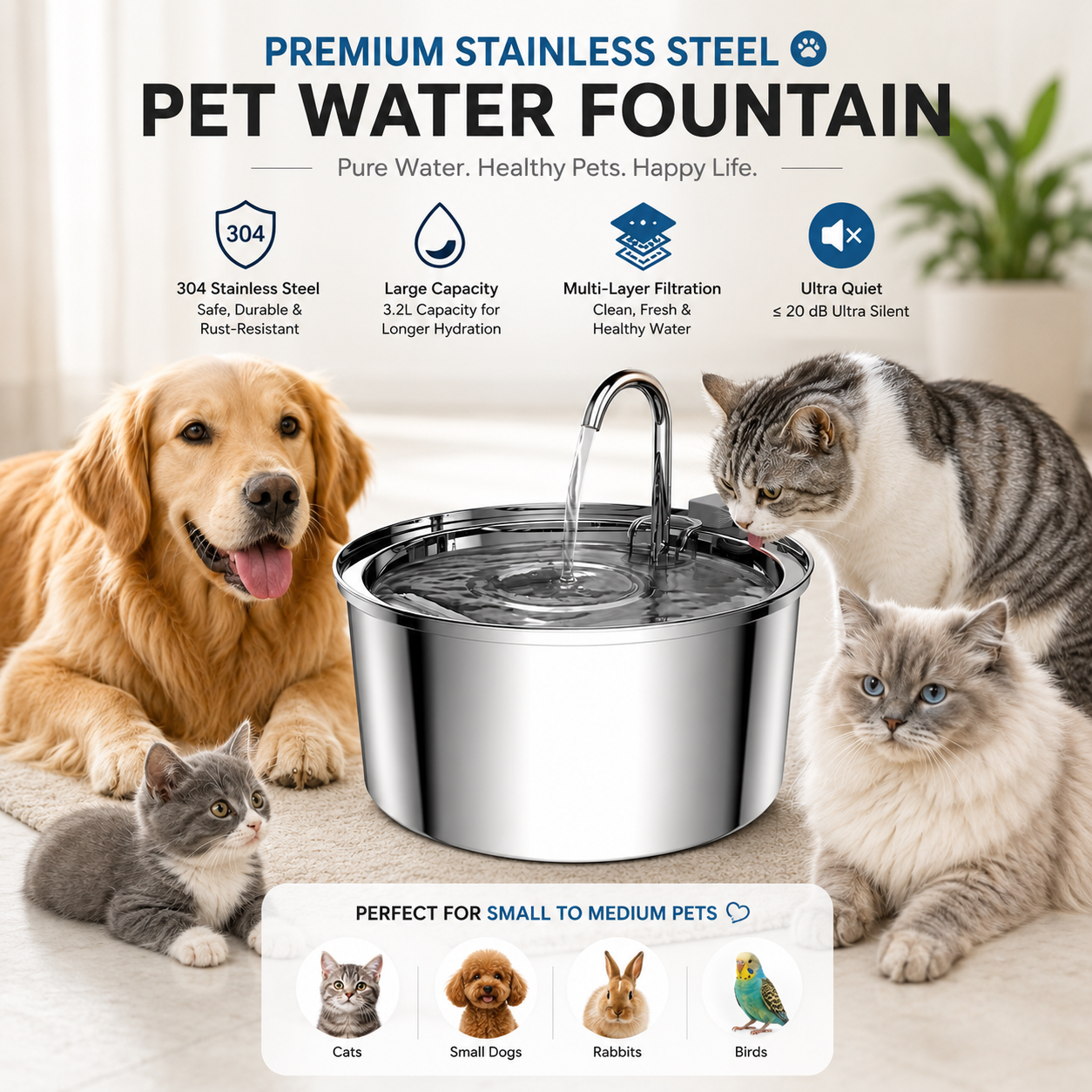 Automatic Stainless Steel Pet Water Dispenser 3L USB Powered Water Fountain for Pets - Premium Version