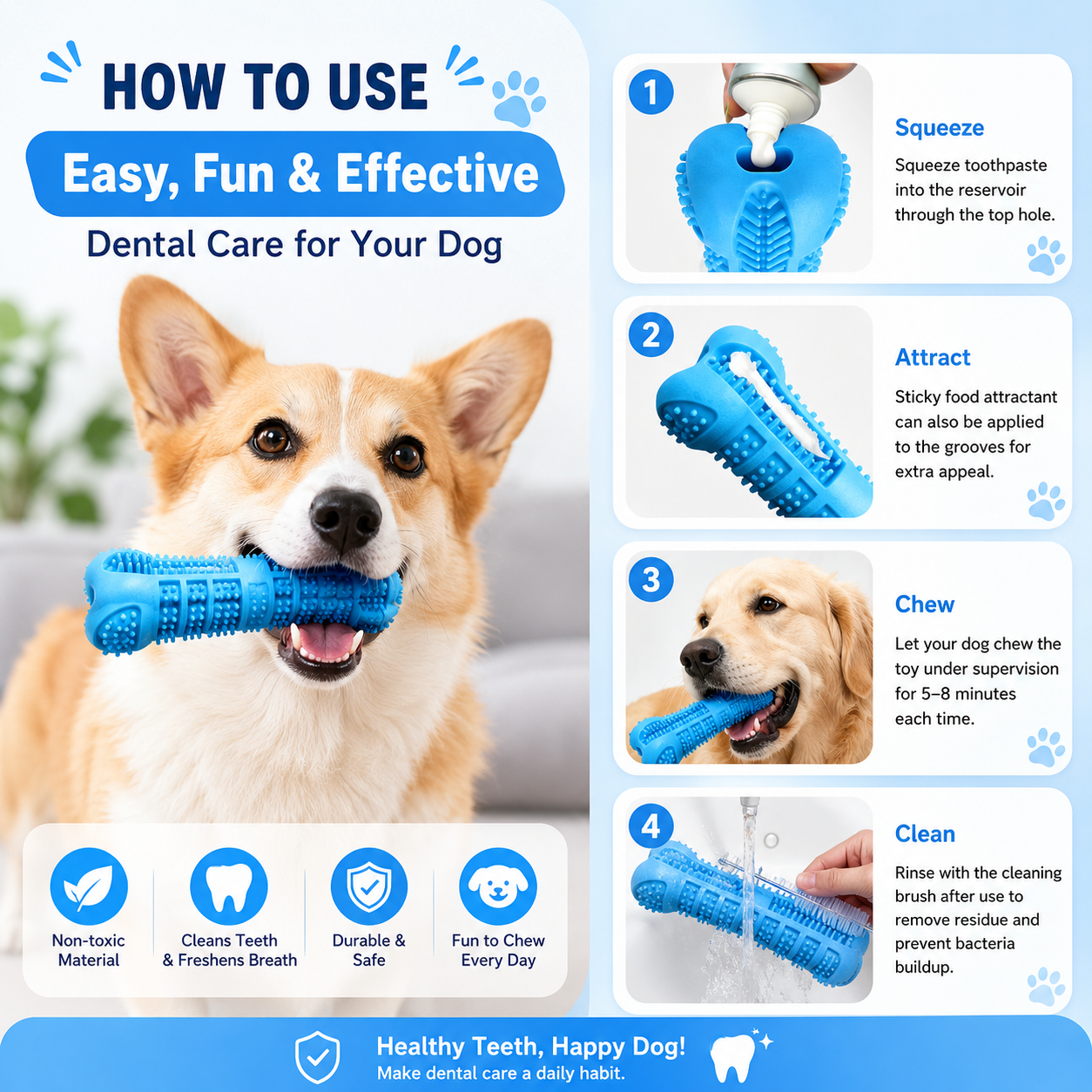 Pet Oral Care Chew Toy Soft Rubber Dog Toothbrush Stick with 360 Degree Cleaning Design - Blue