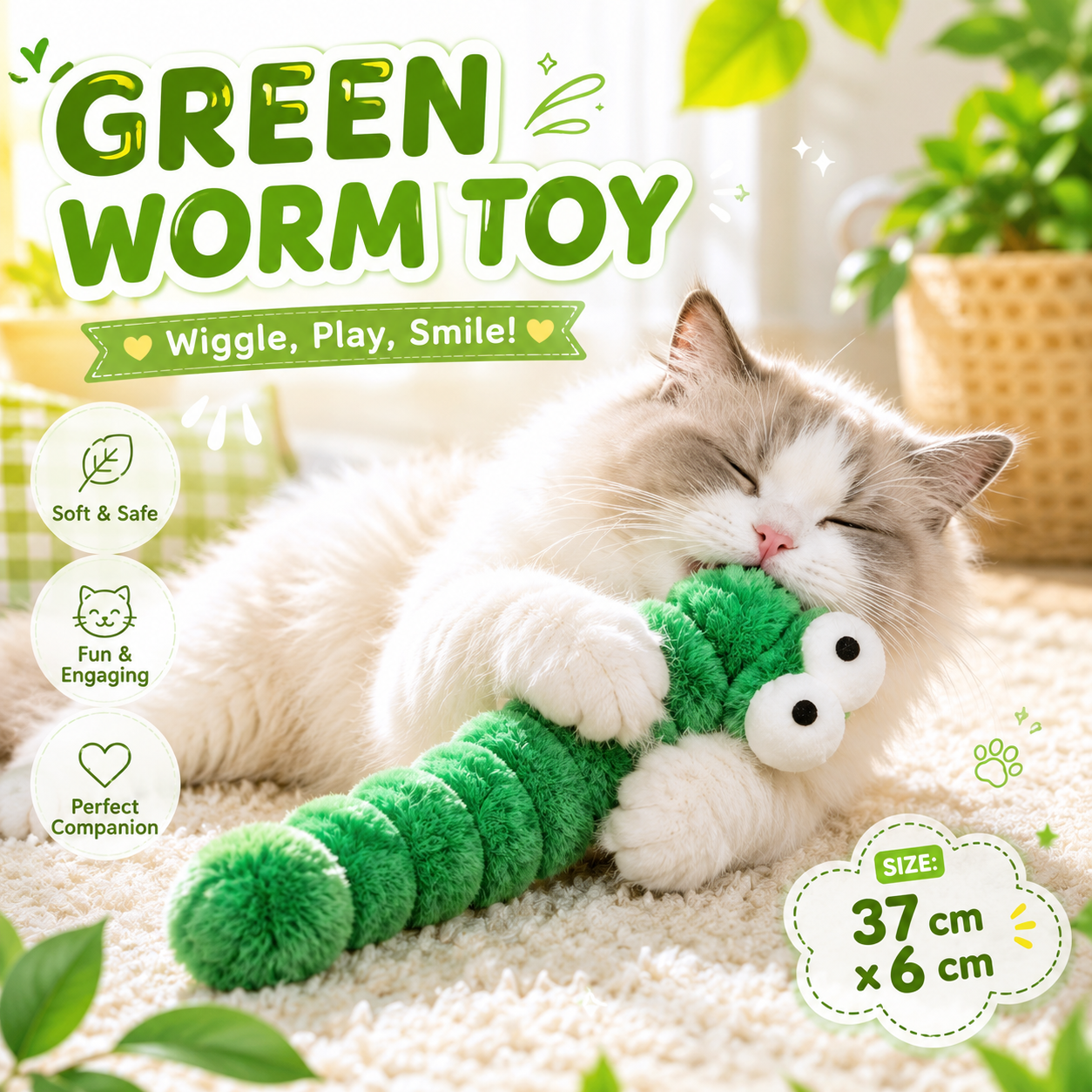 Green Worm Plush Cat Toy