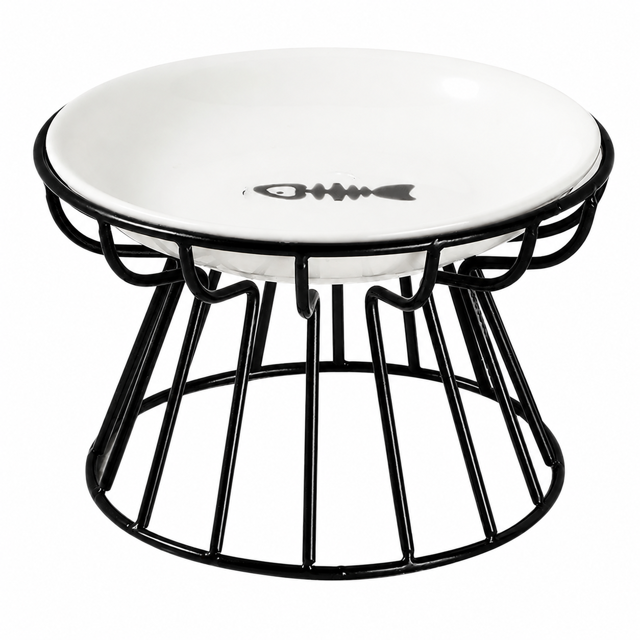 Elevated Ceramic Pet Food Bowl with Iron Stand Non-Slip Feeding Dish - Black & Fish Pattern