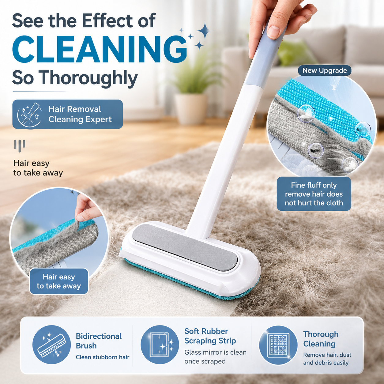 3 in 1 Pet Hair Remover Brush with Long Handle Reusable Fur Lint Cleaner for Sofa Carpet and Windows