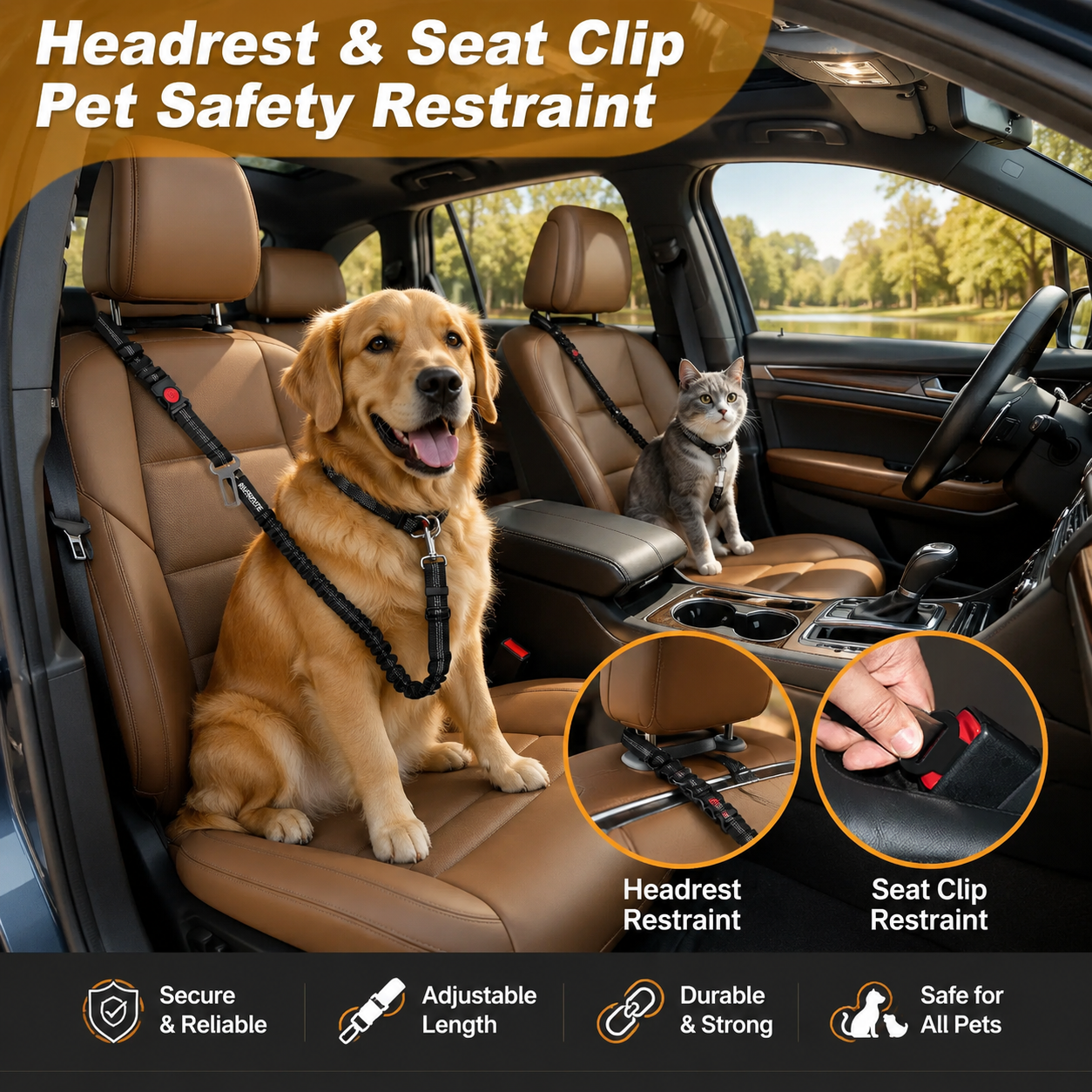 2 in 1 Pet Safety Leash Adjustable Elastic Travel Strap for Dogs and Cats - Black