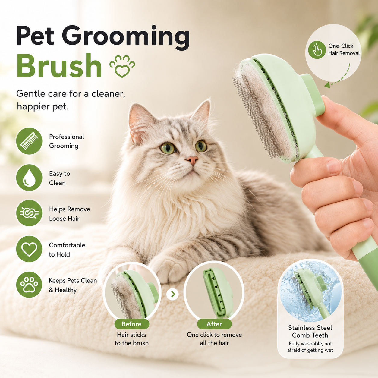 One Button Pet Grooming Brush Dog Cat Deshedding Comb with Self Cleaning Design - Green