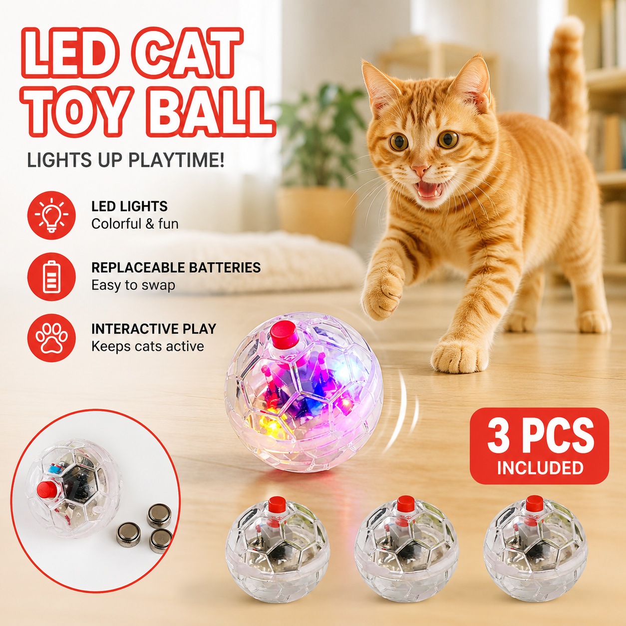 LED Flashing Cat Toy Ball Interactive Motion Activated