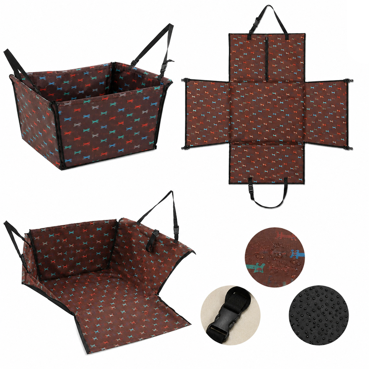 Foldable Pet Travel Hammock and Seat Protector Mat for Dogs and Cats - Brown