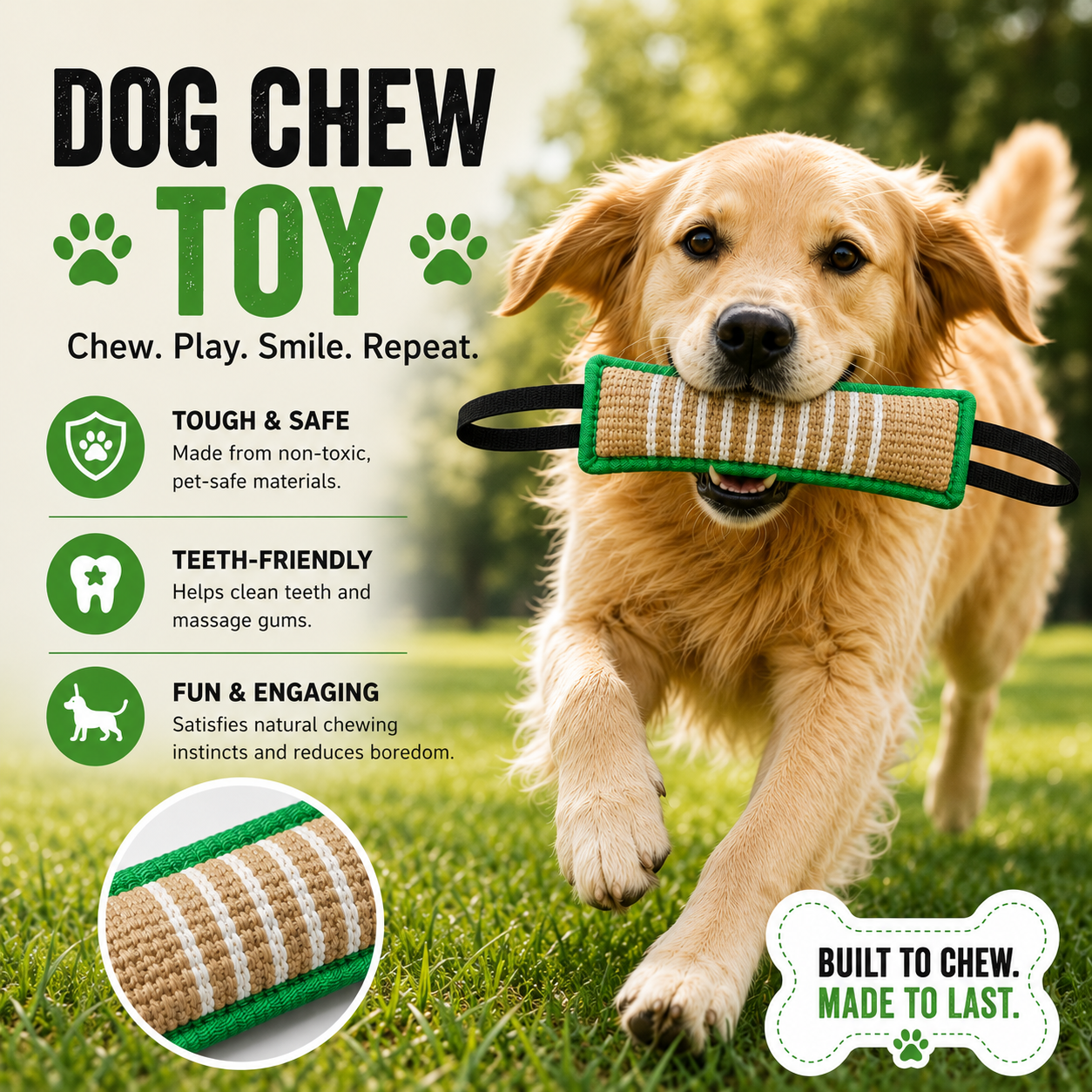 Jute Dog Tug Toy with Dual Handles for Tug and Fetch Games - Green