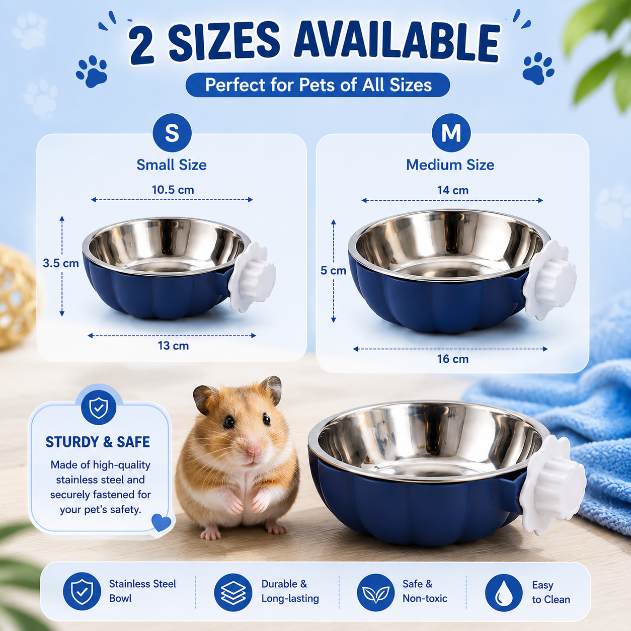Pumpkin Shaped Hanging Pet Feeding Bowl Stainless Steel Food and Water Dish for Small Pets - Blue