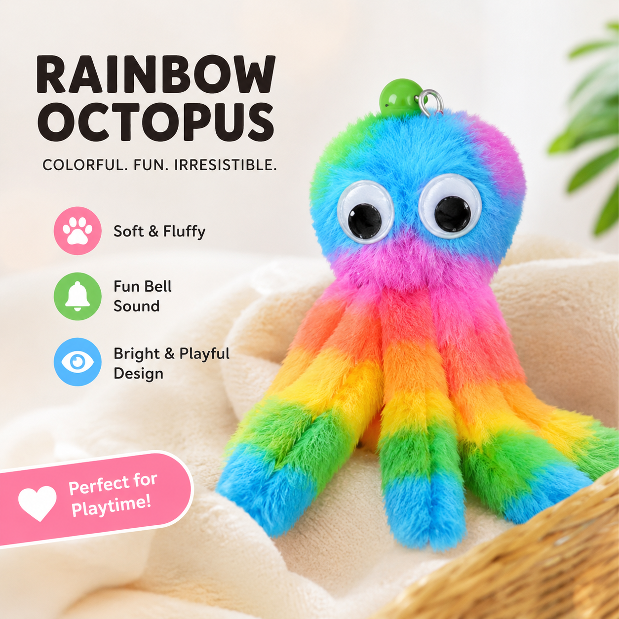 Rainbow Hanging Octopus Plush Interactive Kitten Toy with Elastic Cord