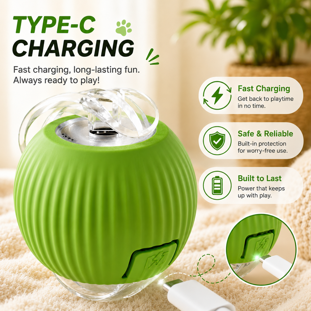 Interactive Automatic Ball with Teaser Stick Cat Toy - Green