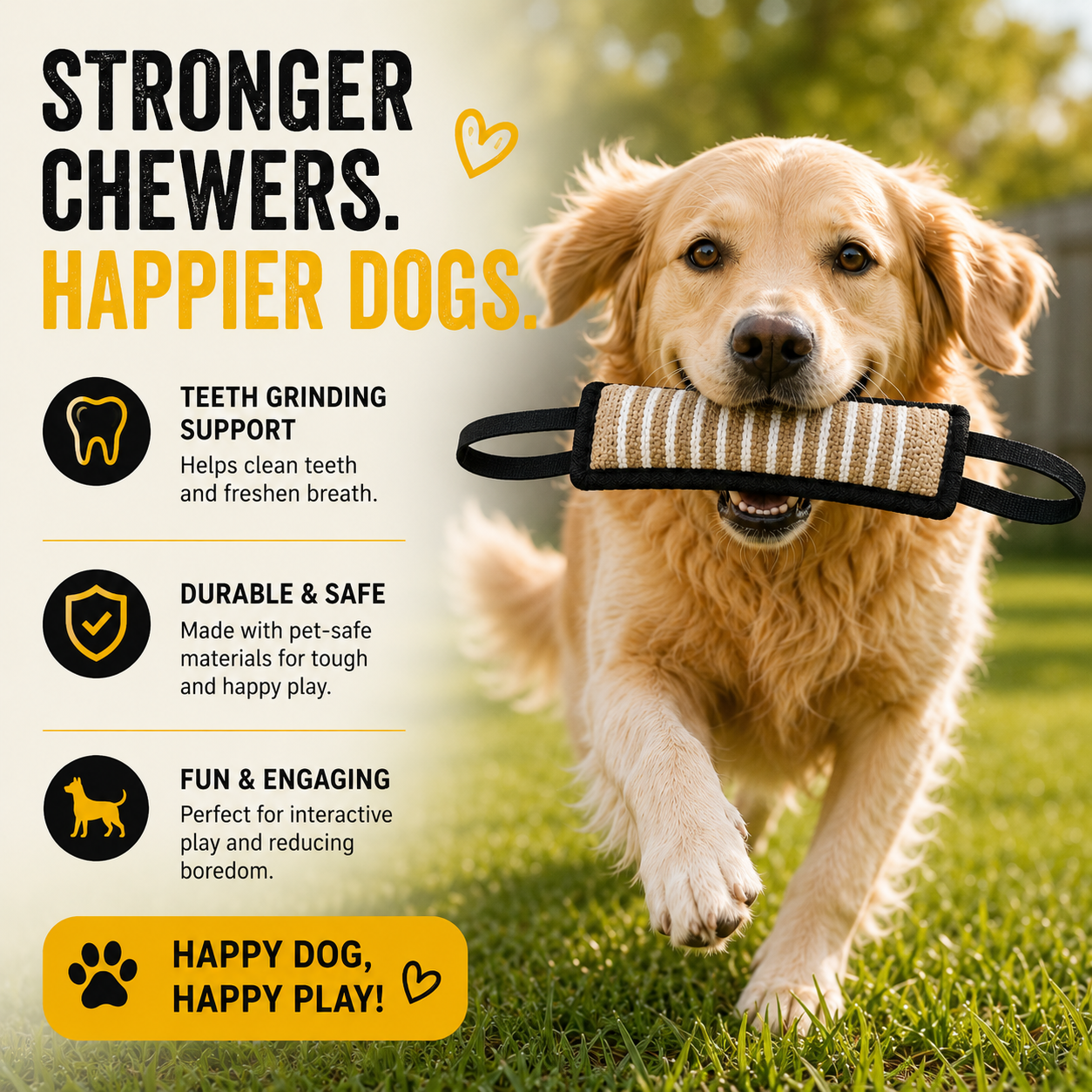 Dog Tug Toy with Dual Grip Handles Jute - Black