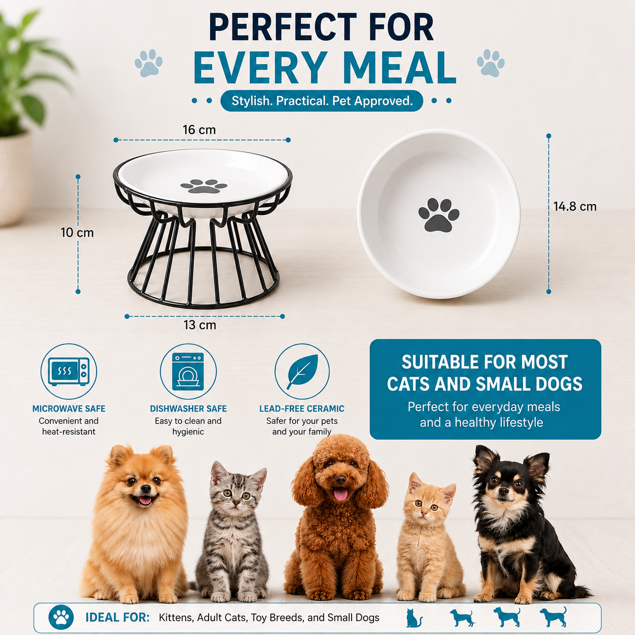 Elevated Ceramic Pet Food and Water Bowl with Iron Stand - Black & Paw Pattern