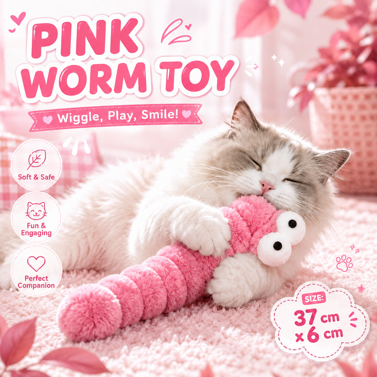Plush Pink Worm Lightweight Interactive Play Toy for Indoor Cats