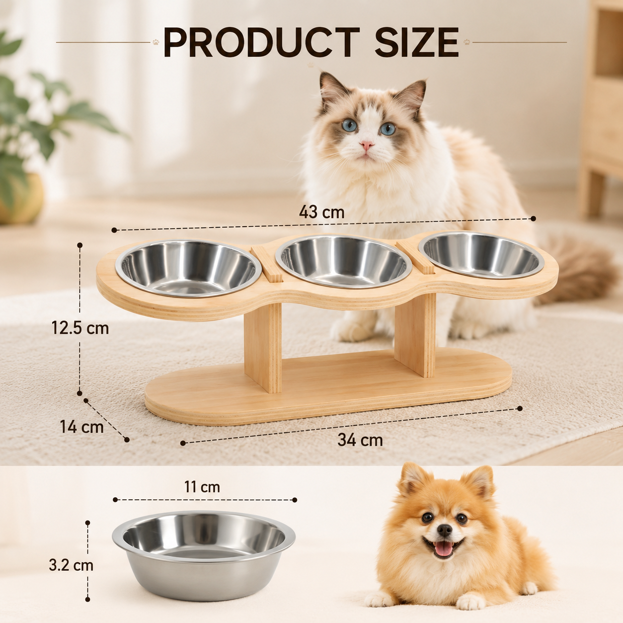 3 Bowl Elevated Cat Feeder Wooden Stand with Stainless Steel Food and Water Bowls