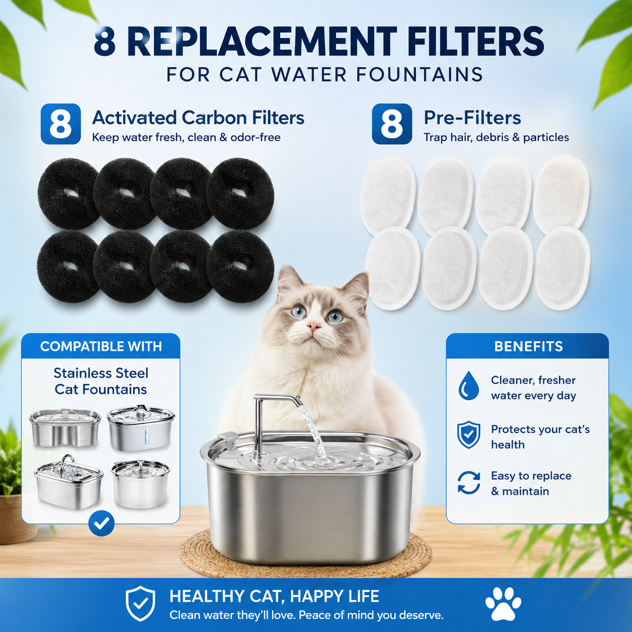 8 Pack Replacement Filters and Foam Sponges for Stainless Steel Pet Water Fountain