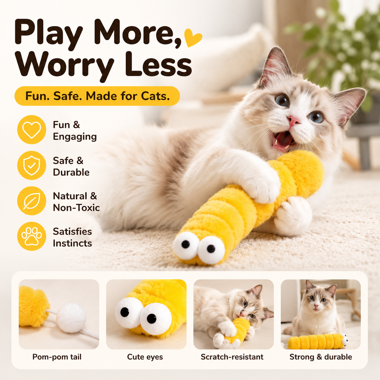 Plush Caterpillar Cat Toy Soft Interactive for Indoor Cats - Yellow