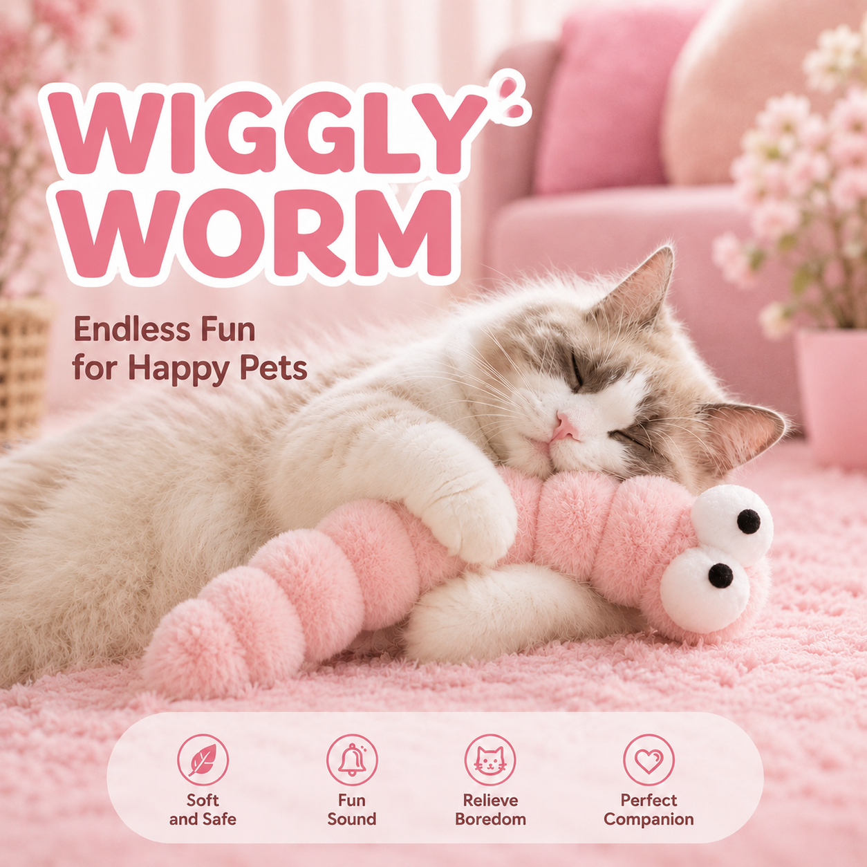 Plush Pink Worm Lightweight Interactive Play Toy for Indoor Cats