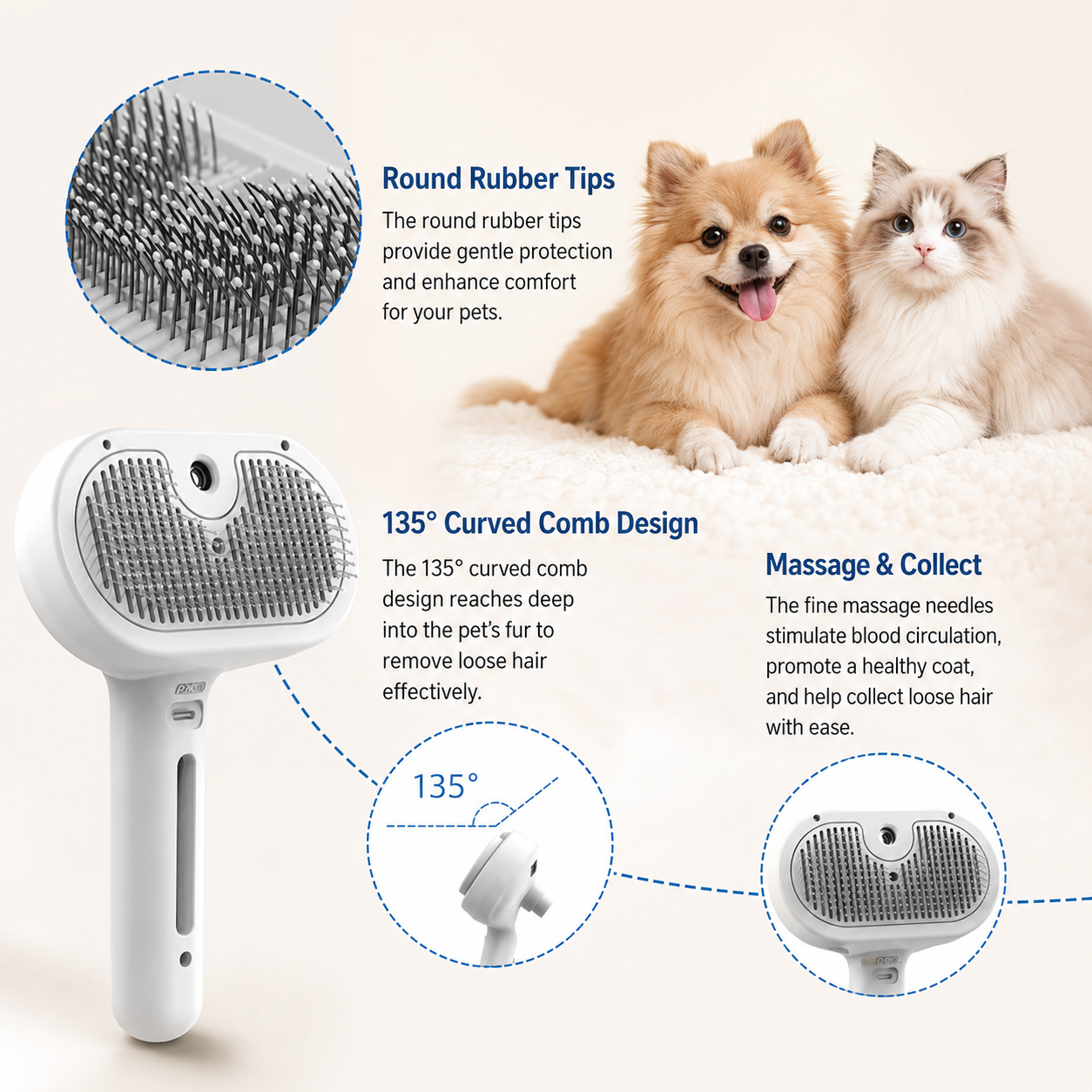 Rechargeable Pet Grooming Brush with Fine Mist Spray Hair Removal Comb for Dogs and Cats - White