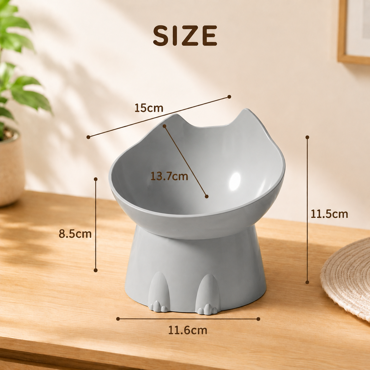 Raised Cat Feeding Bowl Tilted Pet Food and Water Dish Anti Tip Design - Grey