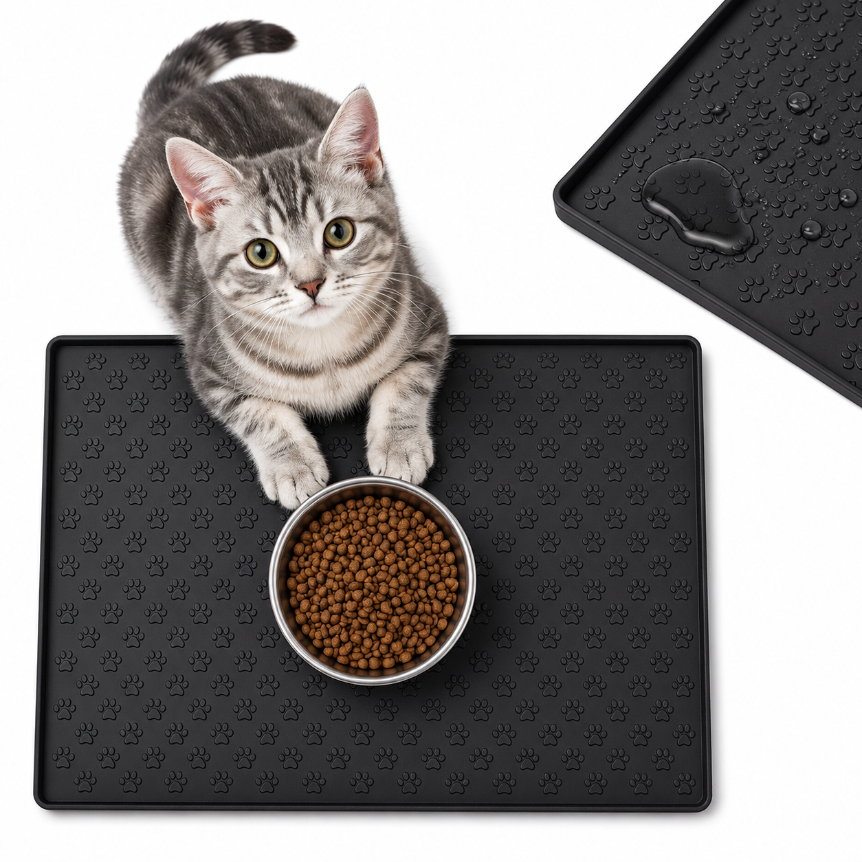 Large Silicone Pet Food Mat Waterproof Feeding Placemat for Cats and Dogs - Black