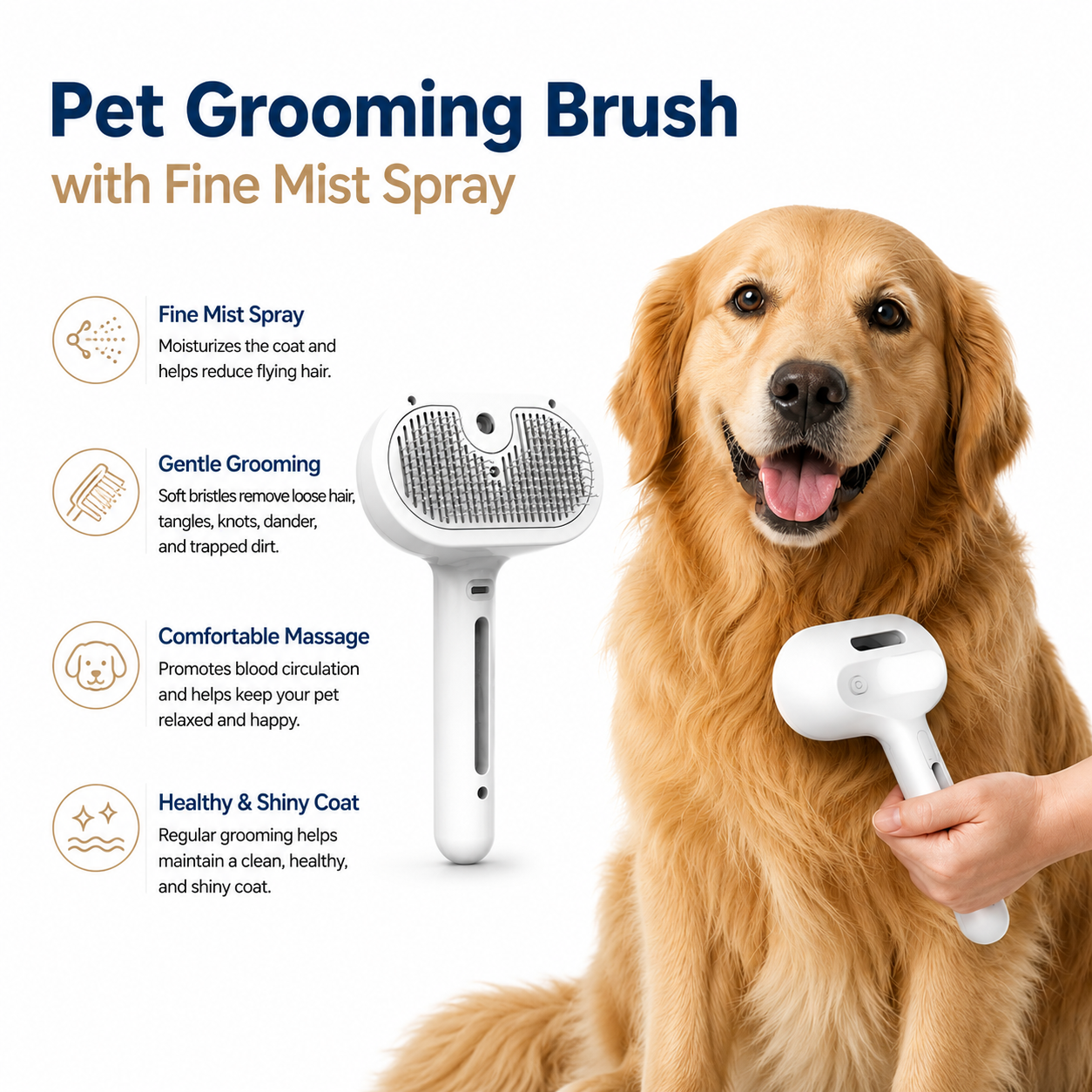 Rechargeable Pet Grooming Brush with Fine Mist Spray Hair Removal Comb for Dogs and Cats - White