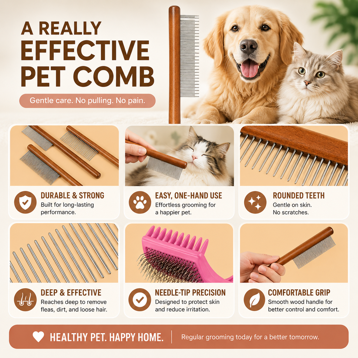 Cat Comb Cat Accessories Stainless Steel Pet Hair Remover Wooden Handle Solid Cat Hair Comb Pet Grooming Dog Brush Cleaning Tool - 20 cm x 4