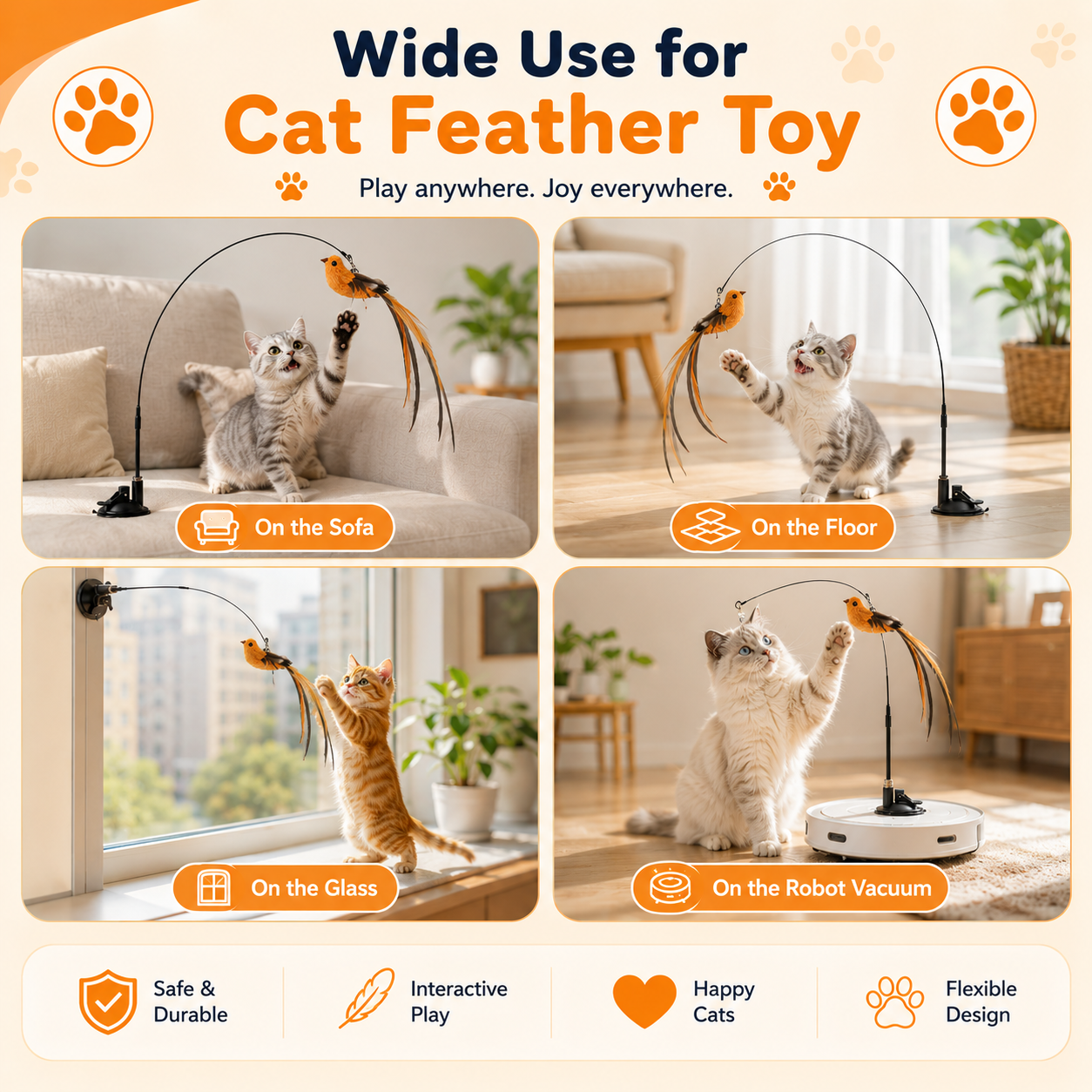 Simulated Bird Cat Toy with Suction Cup Interactive Feather Teaser Wand for Cats