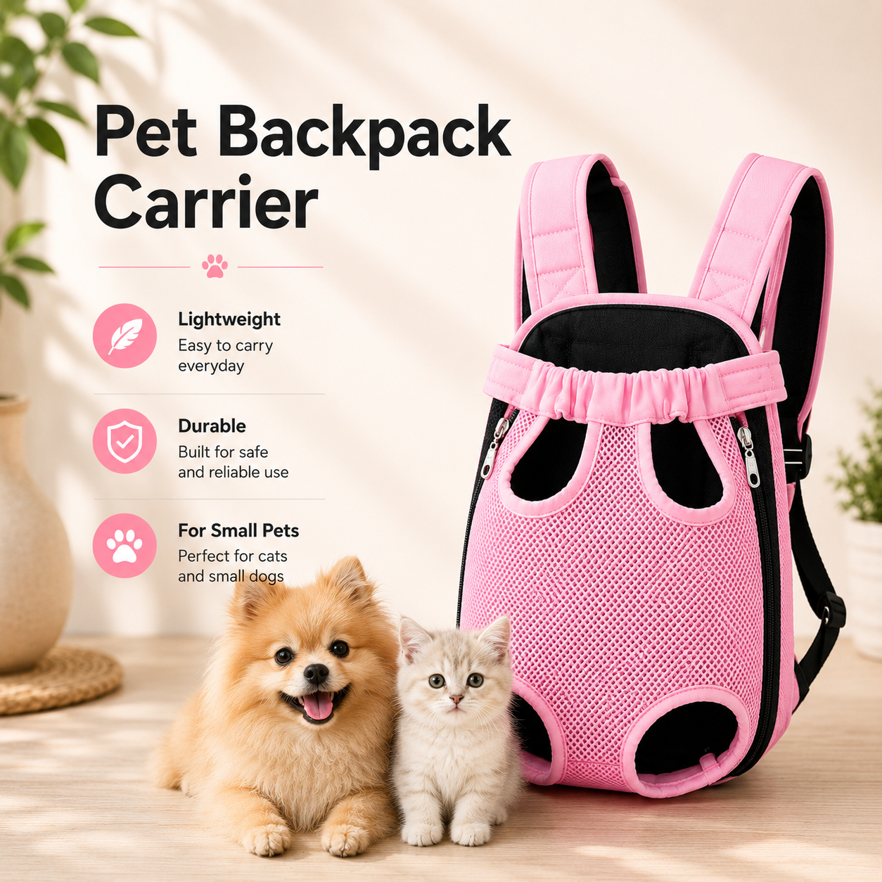 Portable Outdoor Pet Backpack Carrier for Cats and Small Dogs - Pink