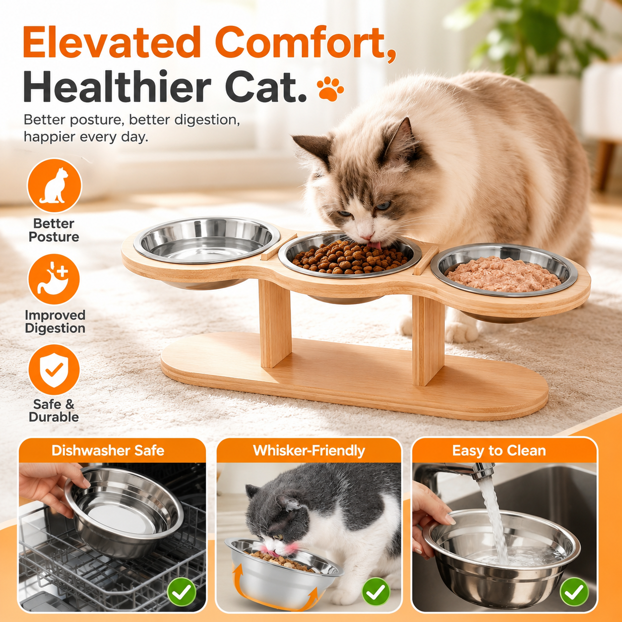 3 Bowl Elevated Cat Feeder Wooden Stand with Stainless Steel Food and Water Bowls