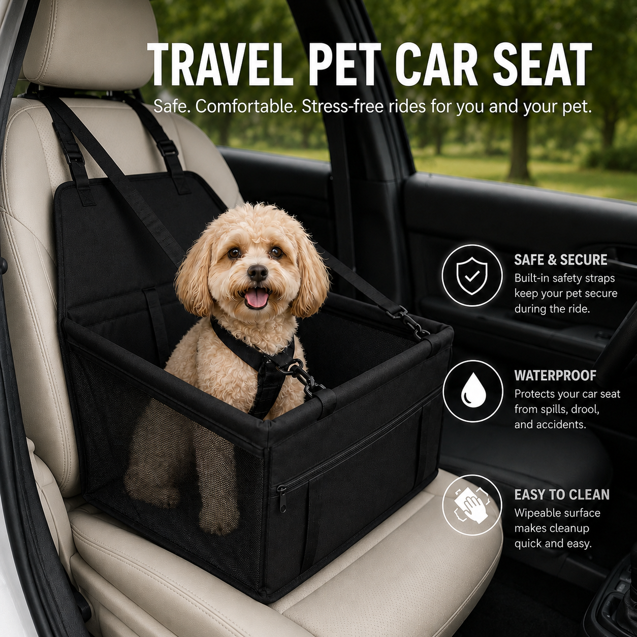 Portable Dog and Cat Car Seat Basket Design - Black