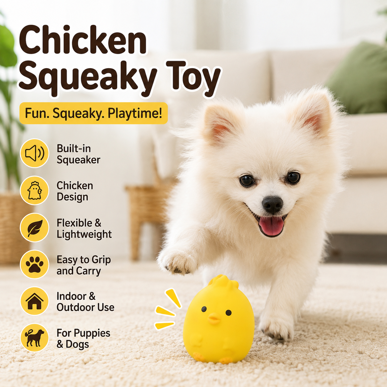 Squeaky Chicken Fun Rubber Pet Toy for Puppies and Dogs