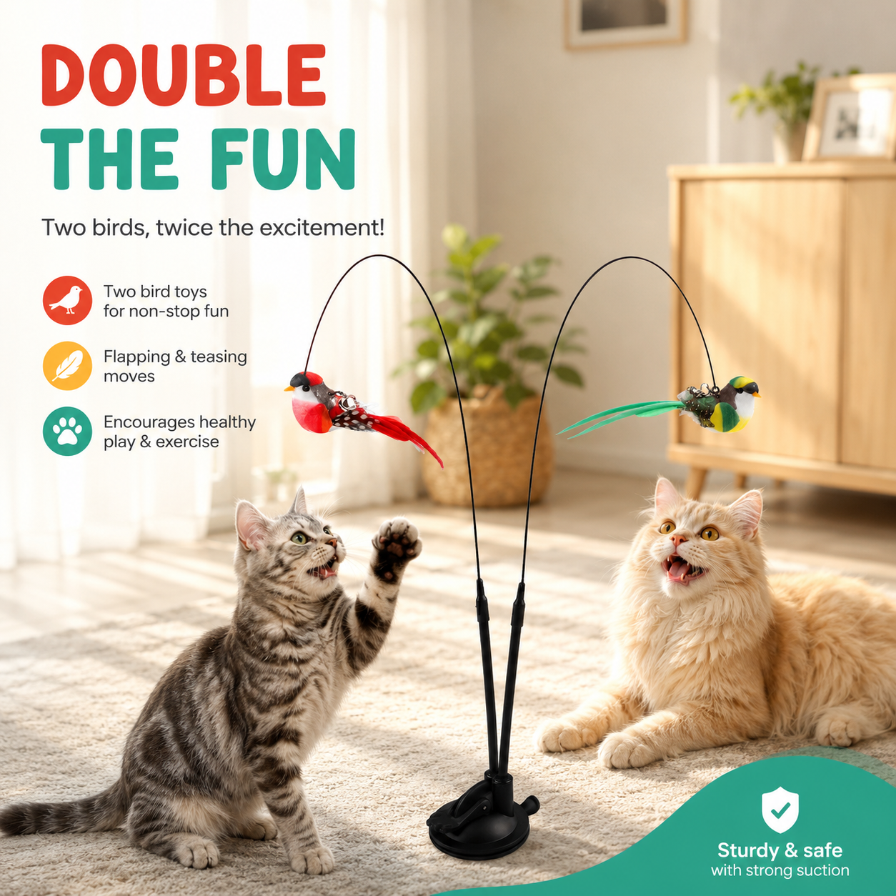Interactive Bird Cat Wand Toy Set with Bell and Suction Cup Base