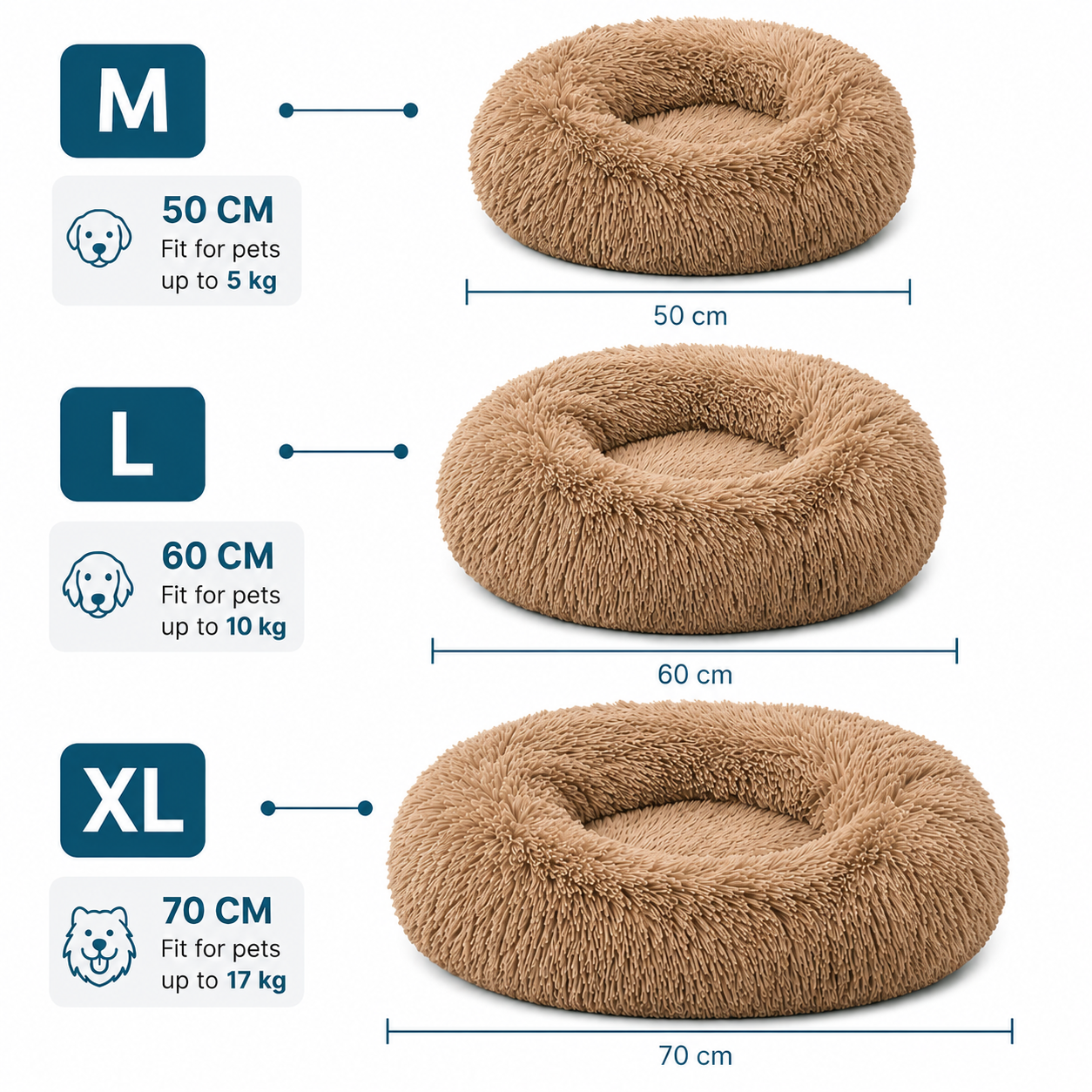 Ultra Soft Round Pet Washable Plush Cushion Bed for Dogs and Cats - Khaki