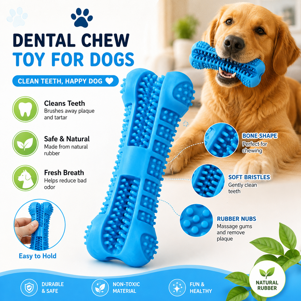 Pet Oral Care Chew Toy Soft Rubber Dog Toothbrush Stick with 360 Degree Cleaning Design - Blue