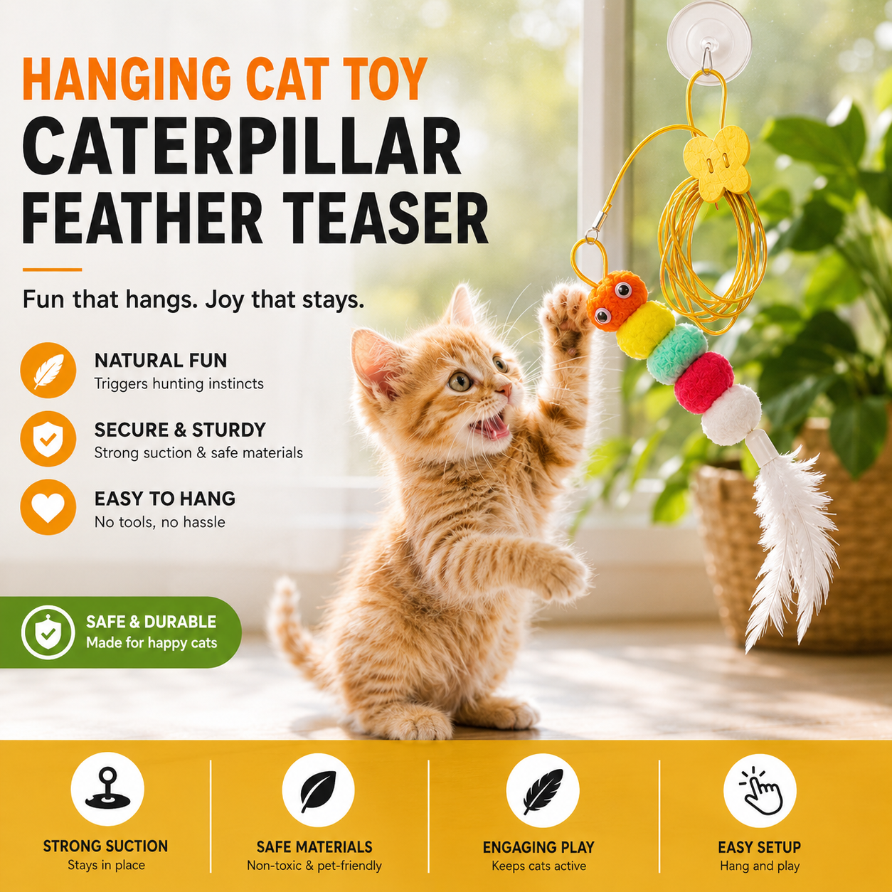 Hanging Cat Toy Caterpillar Feather Teaser with Bell and Suction Cup