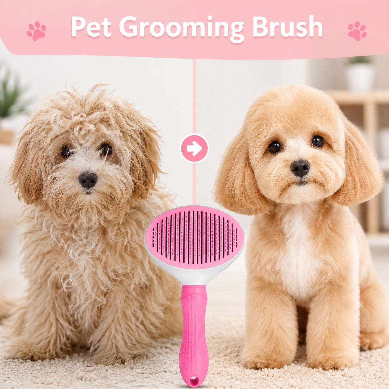Pet Hair Removal Grooming Brush Self-Cleaning Slicker Comb for Dogs and Cats - Pink