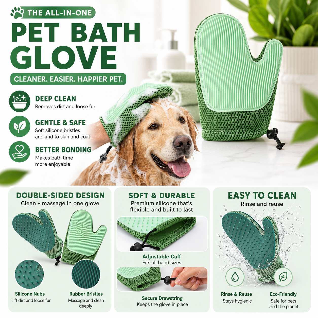 Pet Grooming Glove Double Sided Hair Remover and Massage Brush for Dogs and Cats - Green