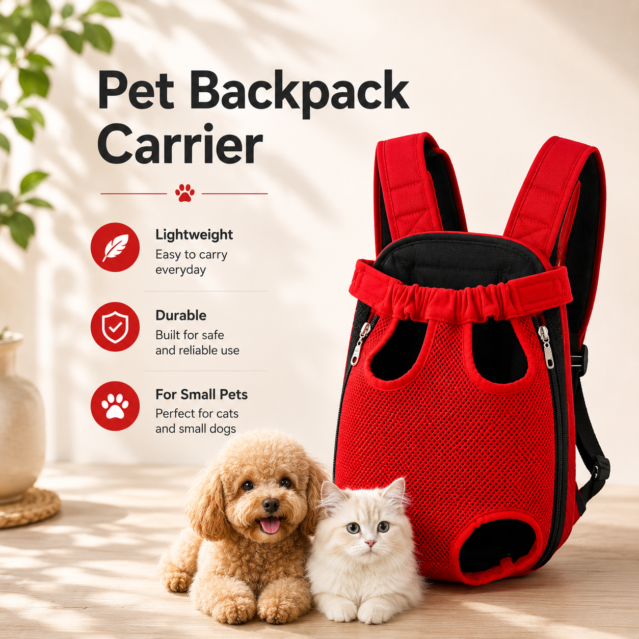 Portable Pet Backpack Carrier for Cats and Small Dogs - Red