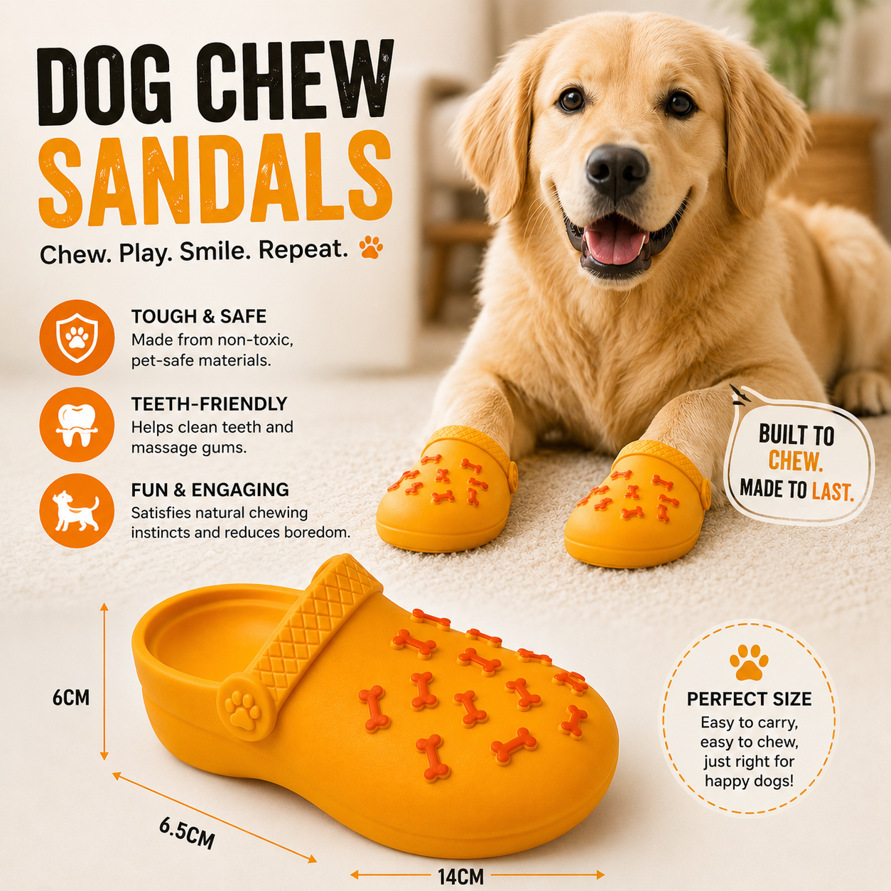 Squeaky Slipper Dog Toy Latex - Orange