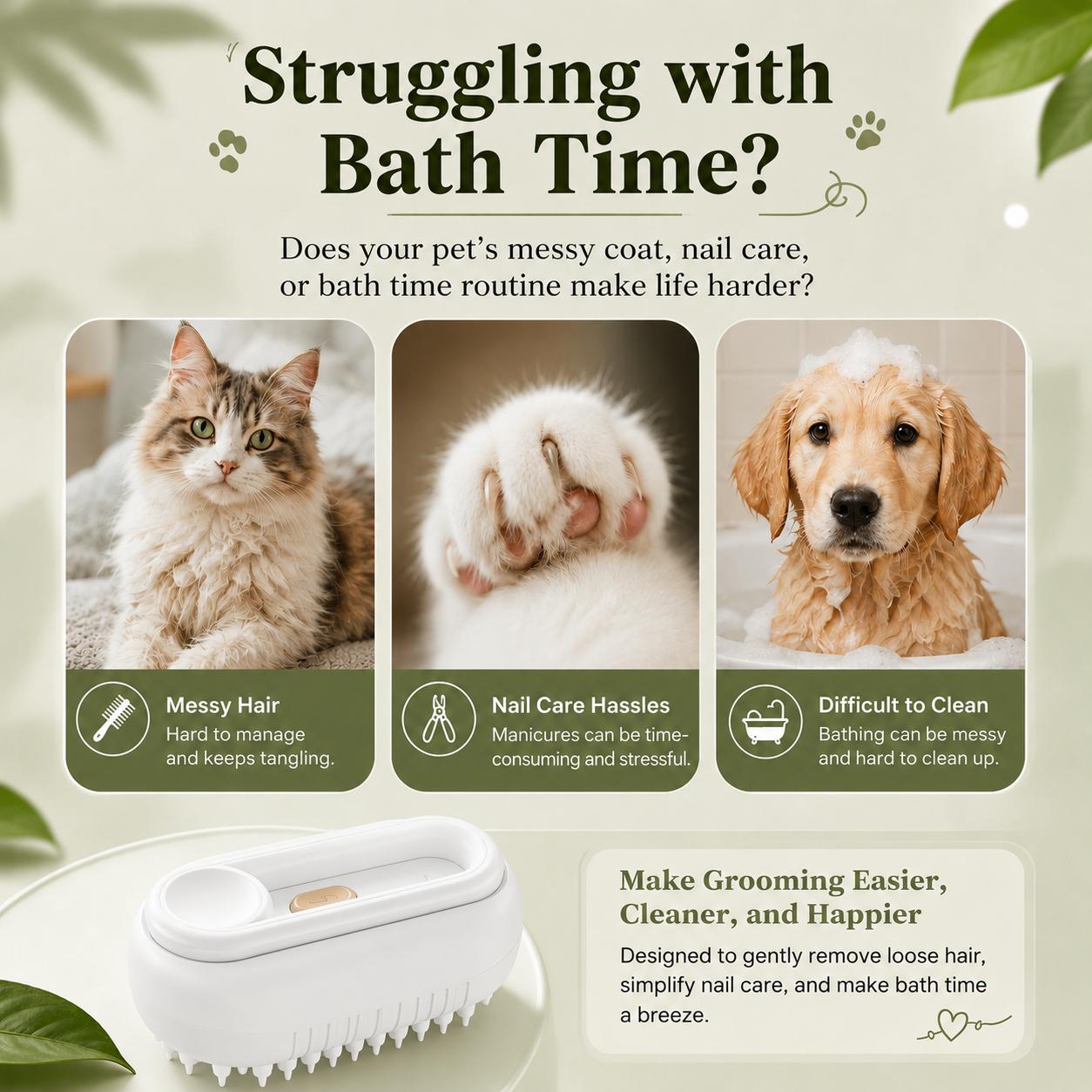 Portable 3-in-1 Pet Grooming Comb Rechargeable Spray Brush for Cats and Dogs