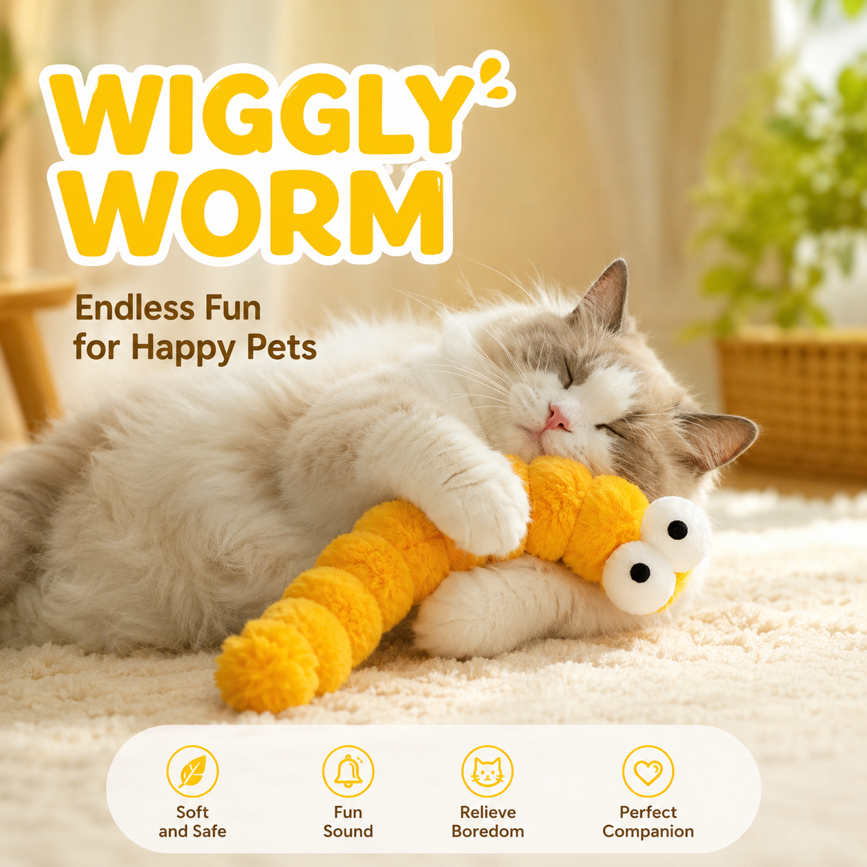 Plush Caterpillar Cat Toy Soft Interactive for Indoor Cats - Yellow