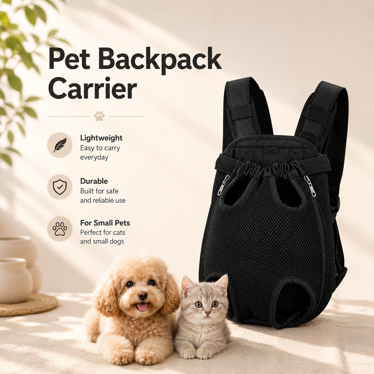 Lightweight Pet Backpack Carrier for Cats and Small Dogs - Black