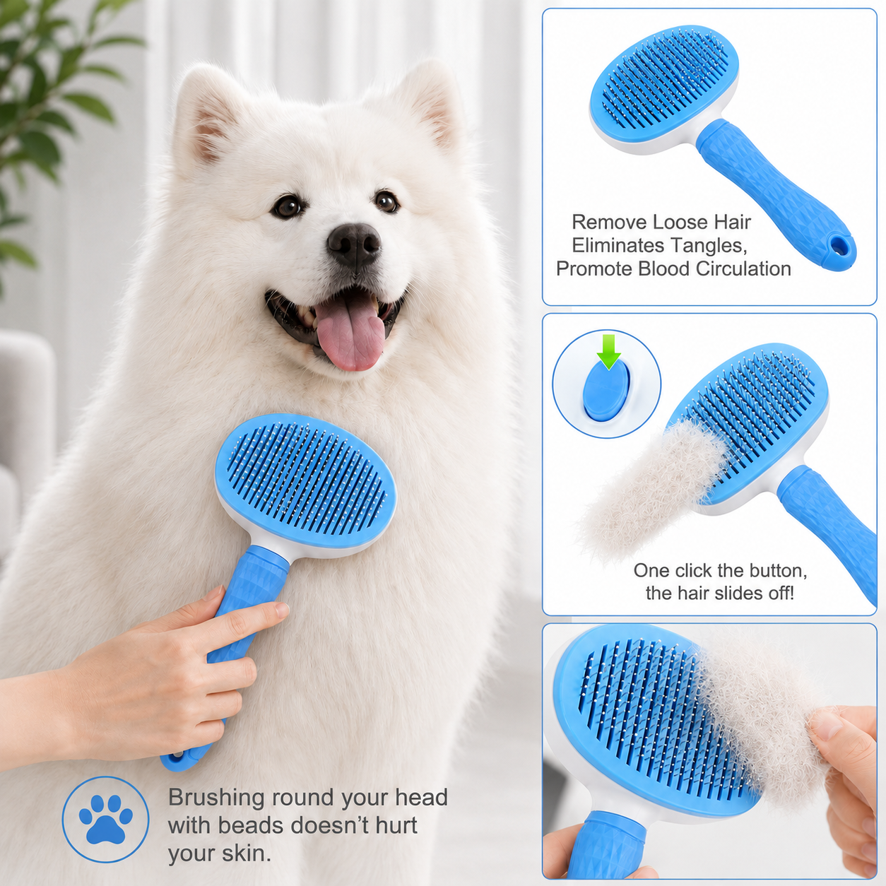 Self-Cleaning Pet Grooming Brush for Dogs and Cats - Blue