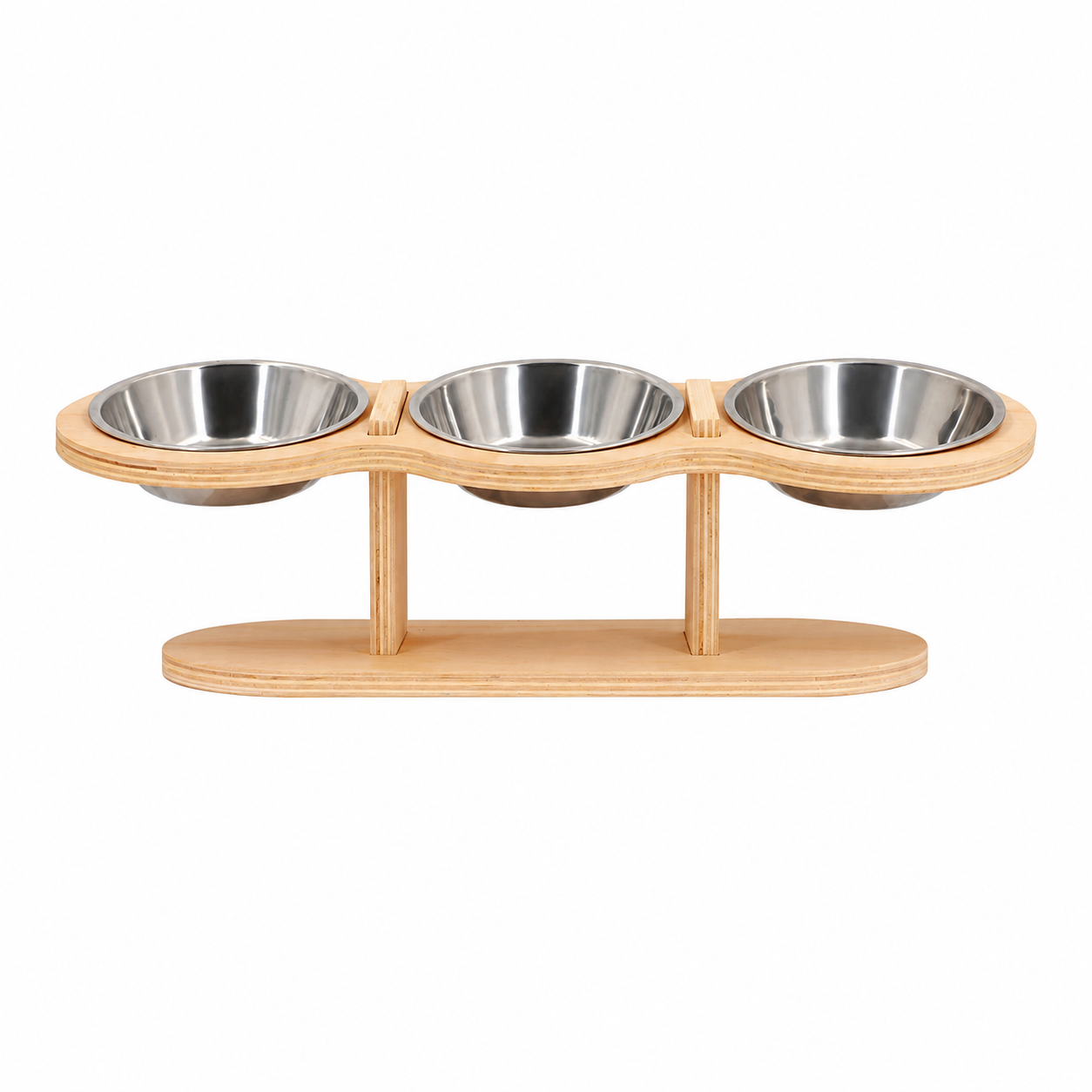 3 Bowl Elevated Cat Feeder Wooden Stand with Stainless Steel Food and Water Bowls