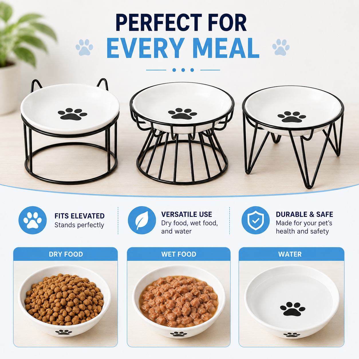 Elevated Ceramic Pet Food and Water Bowl with Iron Stand - Black & Paw Pattern